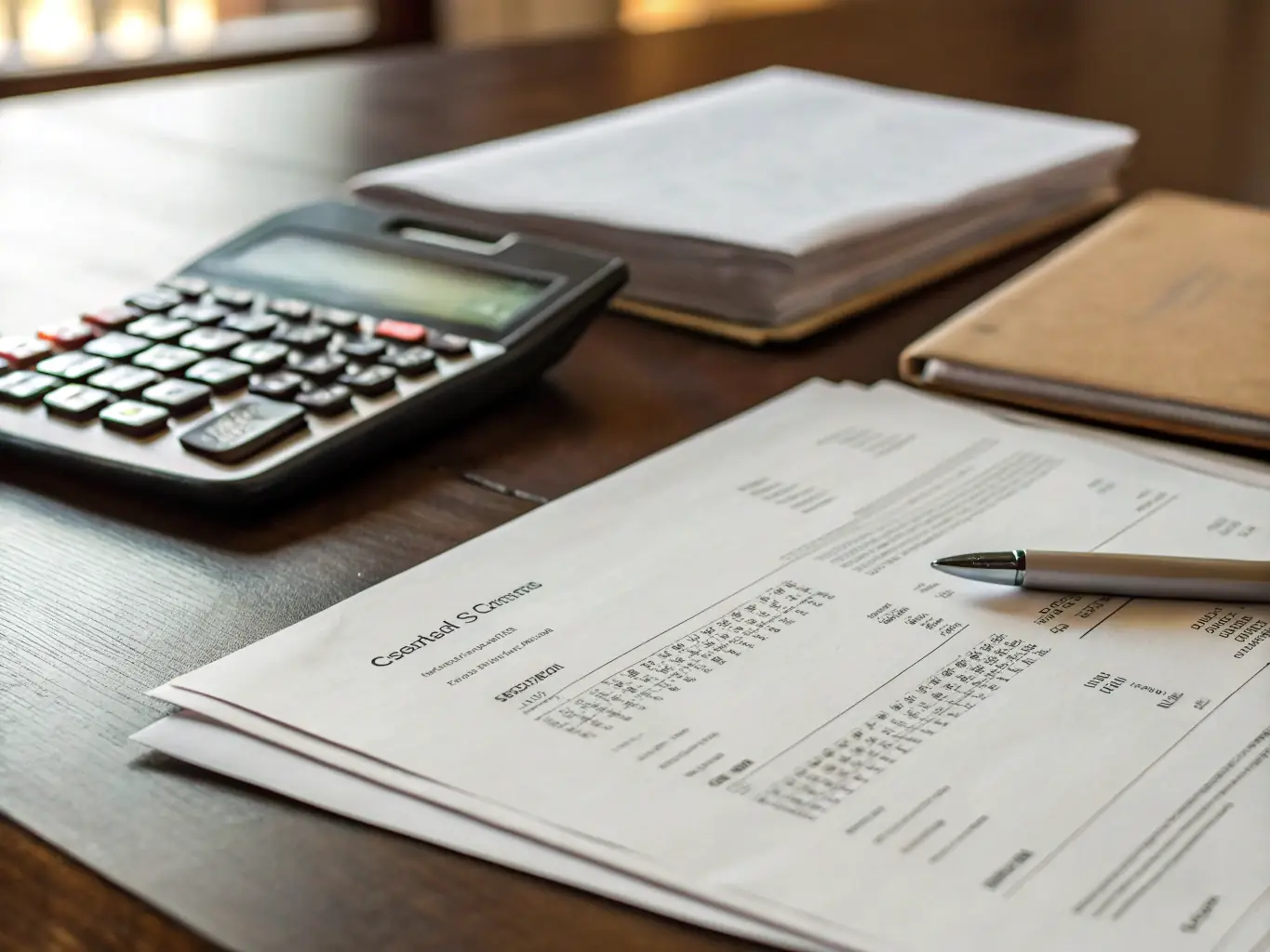 An image depicting a financial document with highlighted sections related to income and assets, accompanied by a calculator and a pen, symbolizing the I-864 form.