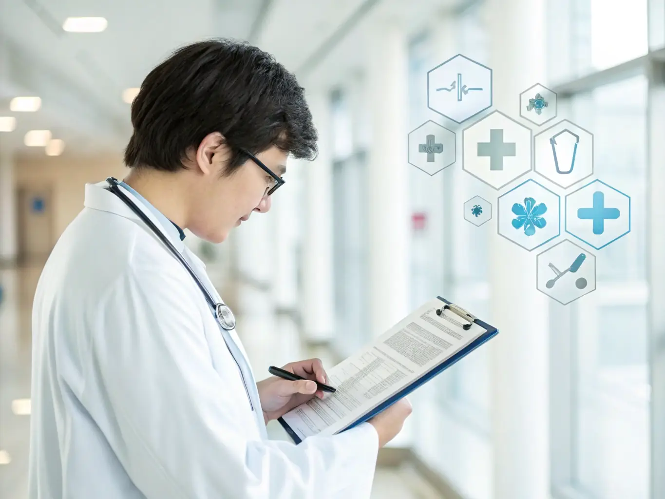 A photograph of a medical professional reviewing vaccination records, with a focus on the I-693 form and related medical requirements for immigration.