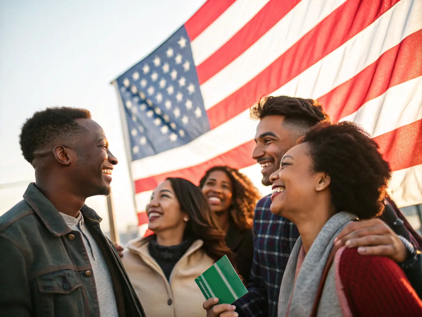 A photo of a couple smiling and holding hands in front of a U.S. flag, representing Adjustment of Status within the United States.