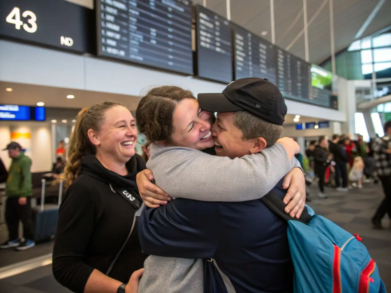 A photo of a couple reuniting at an airport, symbolizing Consular Processing for spouses living abroad.