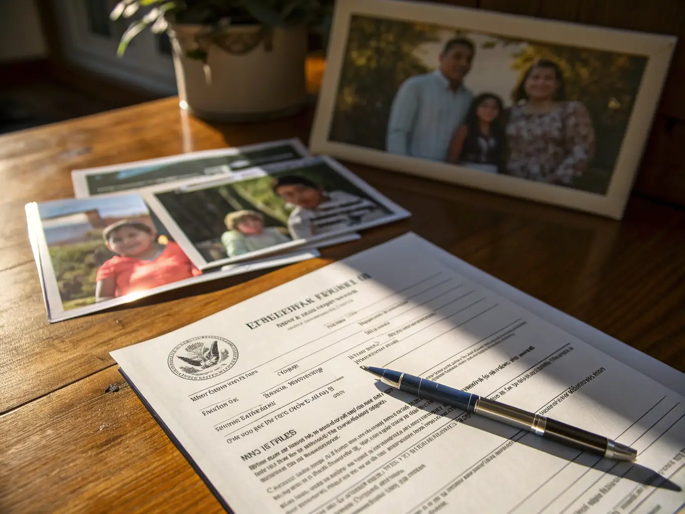 A close-up shot of a checklist with immigration-related terms highlighted, such as 'I-130', 'AOS', and 'Consular Processing', set against a background of U.S. immigration documents.